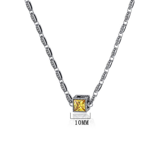 Origsoul retro three-dimensional silver pendant necklace with yellow square gemstone and detailed chain links