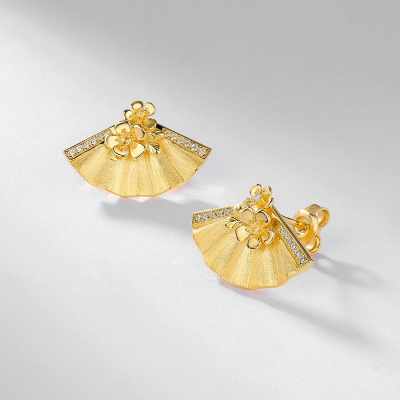 Origsoul gold fan-shaped earrings with floral design and crystals silver earrings sterling