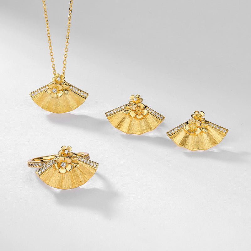 Origsoul gold fan-shaped silver earrings sterling set with floral and crystal accents