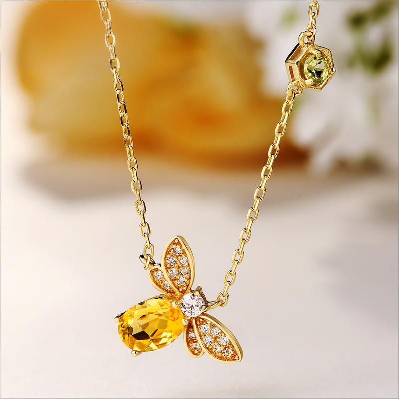 Origsoul gold chain silver necklace sterling with yellow gemstone bee pendant and crystal accents