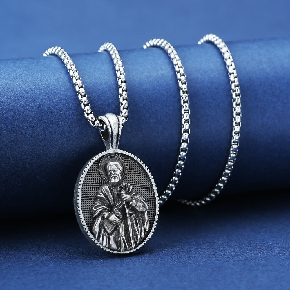 Silver saint medallion necklace from Origsoul Tranquil Spirit Collection with detailed religious pendant