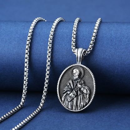 Origsoul Tranquil Spirit Collection silver saint medallion necklace with detailed oval pendant on silver chain