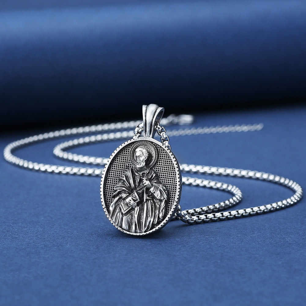 Origsoul Tranquil Spirit Collection silver saint medallion necklace with detailed saint pendant on silver chain
