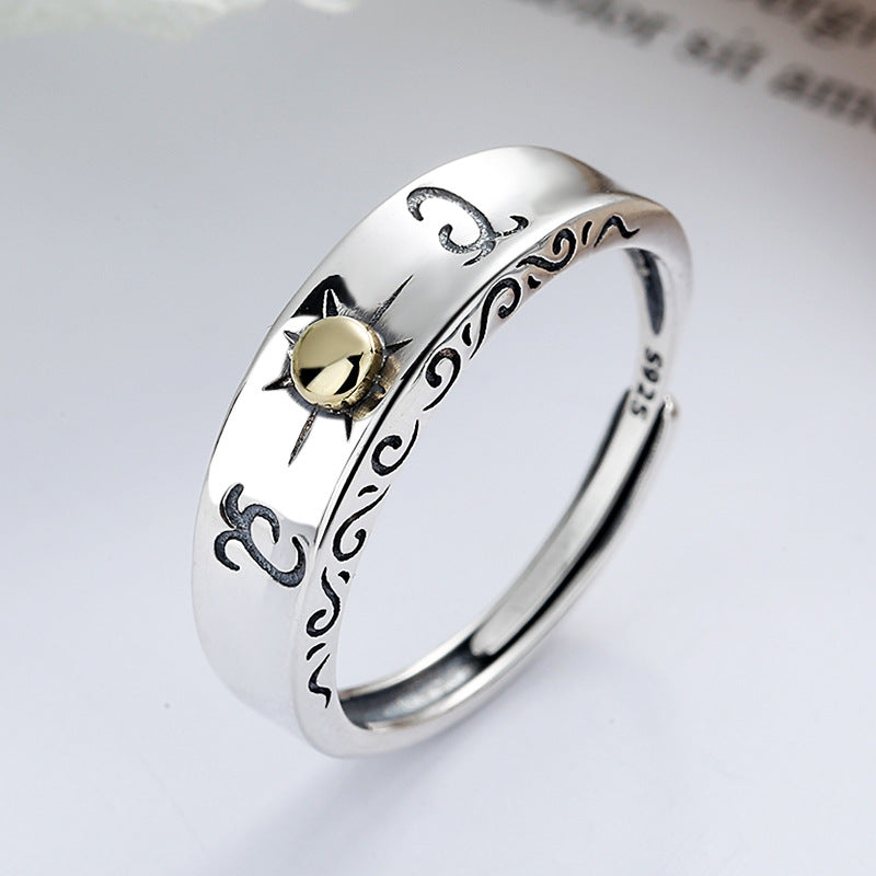 Sun ray ring silver by Origsoul featuring celestial designs and a gold sun accent in cosmic jewelry style