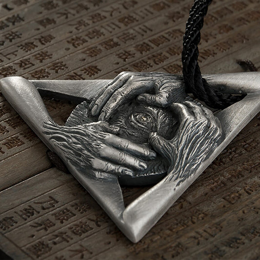 Origsoul Tranquil Spirit Collection symbolic triangle necklace with detailed hands and eye design on braided cord