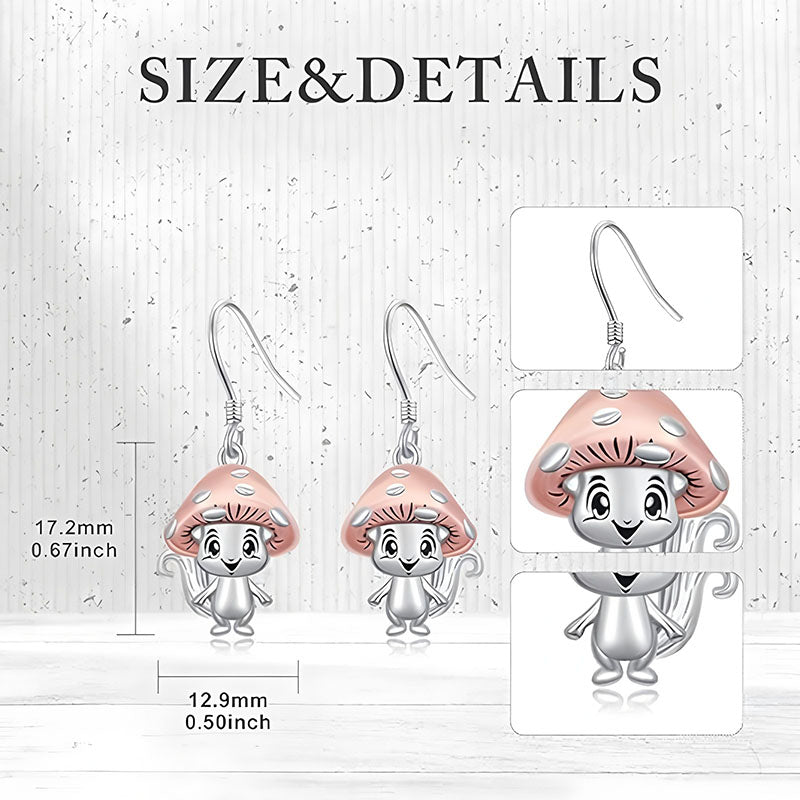 Origsoul whimsical mushroom charm earrings with pink mushroom caps and silver cartoon faces
