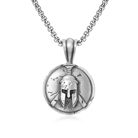 Origsoul Viking knot pendant necklace with Spartan helmet and sword design in silver tone