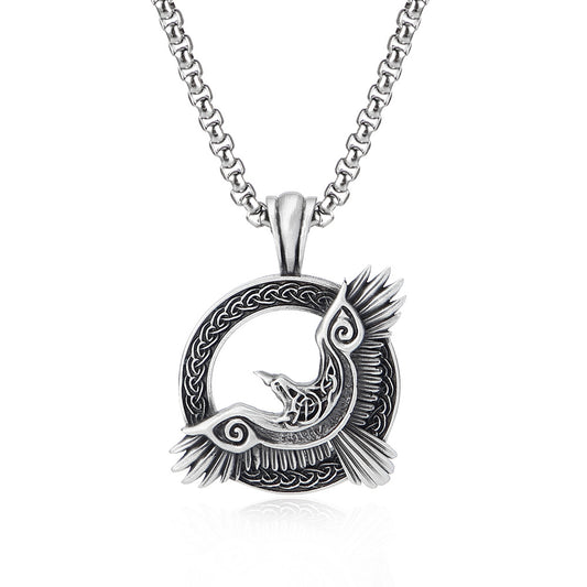 Origsoul Viking raven pendant necklace with detailed silver bird design and circular Celtic pattern