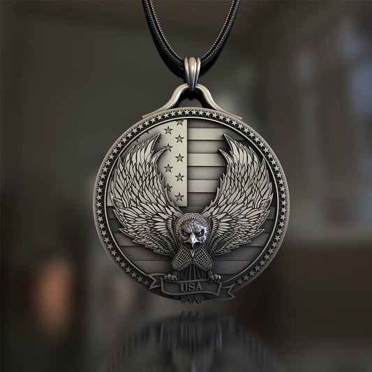 Origsoul vintage eagle pendant for men featuring detailed wings and USA flag background