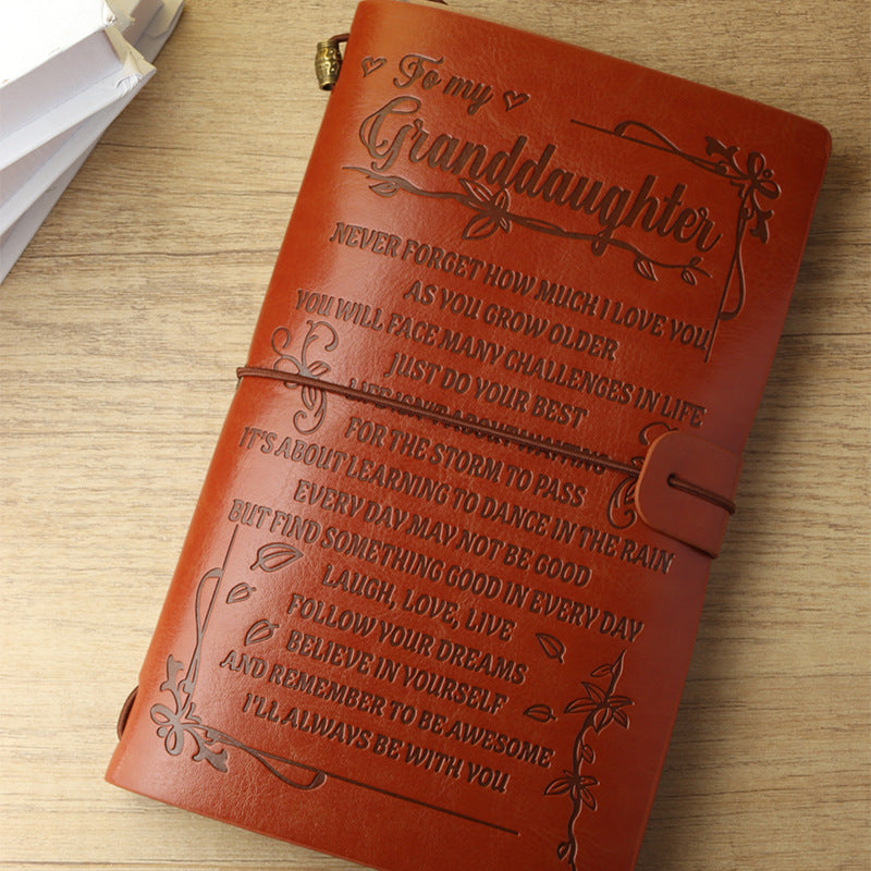 Origsoul vintage leather journal with inspiring engraved message for granddaughter in brown leather cover