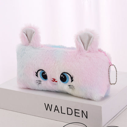 Origsoul gradient cat pencil case plush with blue eyes and pink ears for school supplies