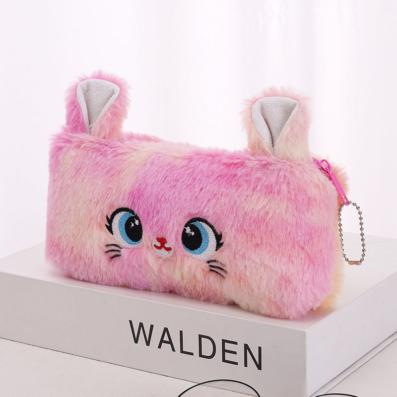 Origsoul gradient cat pencil case in pink plush with cute cat face and ear design for school supplies