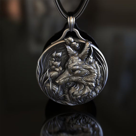 Origsoul wolf head pendant necklace with detailed wolf design and floral accents on silver round pendant