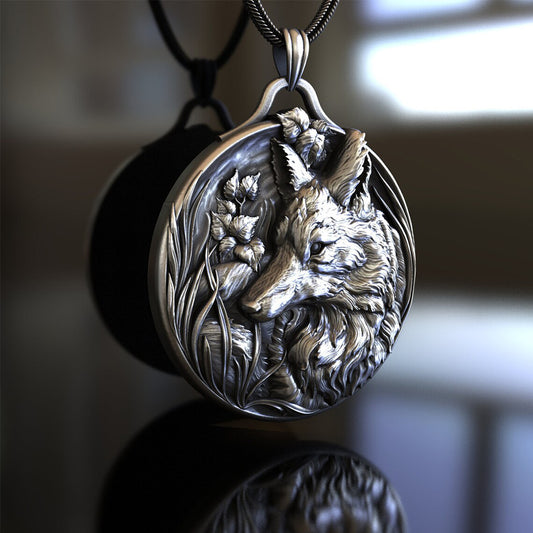Origsoul detailed silver wolf head pendant necklace with floral design on black cord
